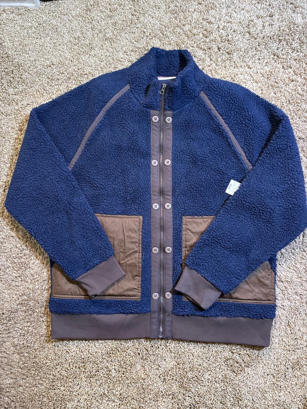 NWT American Rag Hanging Fleece Sherpa Jacket with Contrast Brown Size XL Navy